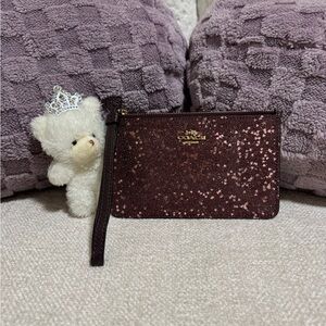 Coach Glitter Wristlet in Deep Burgundy with Gold Logo